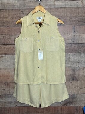 Selene Sport Vintage 90s Shirt & Shorts Set 100% Silk size Medium Pale Yellow